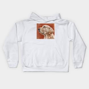 Painting of a Gorgeous Golden Retriever Looking Up on Orange Background Kids Hoodie